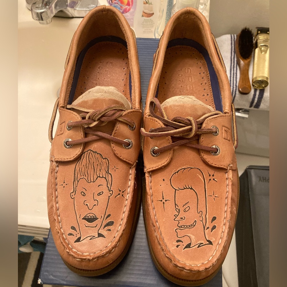 Custom Beavis & Butthead tattooed leather Sperry boat shoes NEW* 10.5